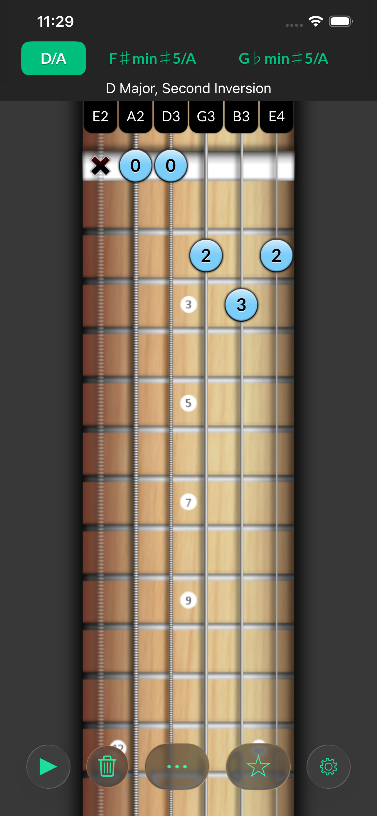 String instrument view showing selected frets and matching chord names.