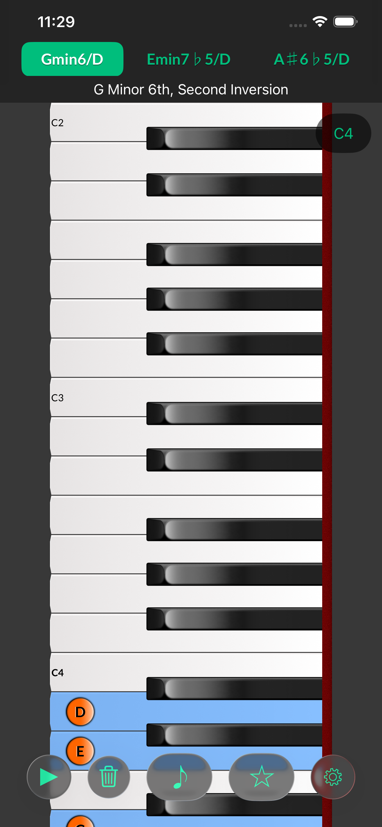 Piano keyboard note selection and chord match list.