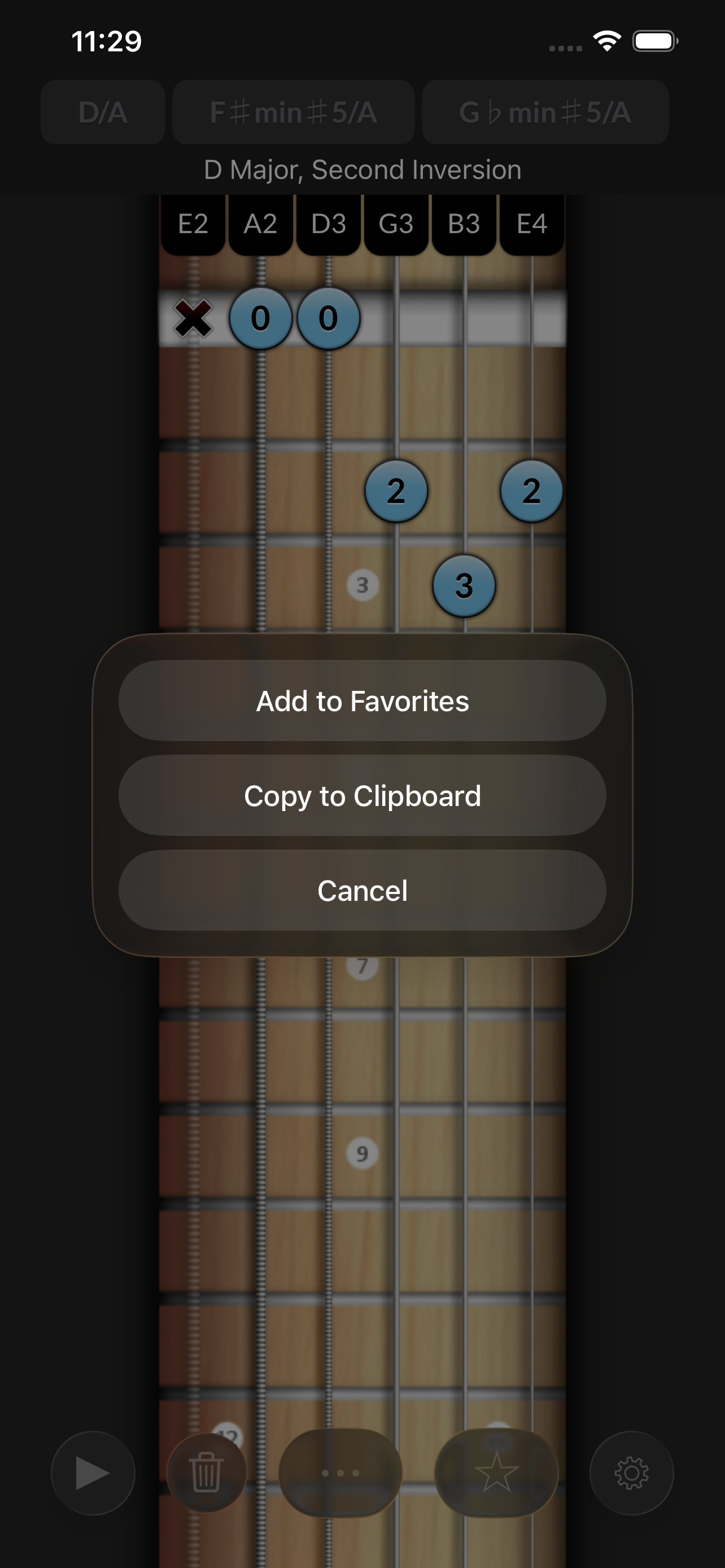 Favorites screen listing saved chord entries.